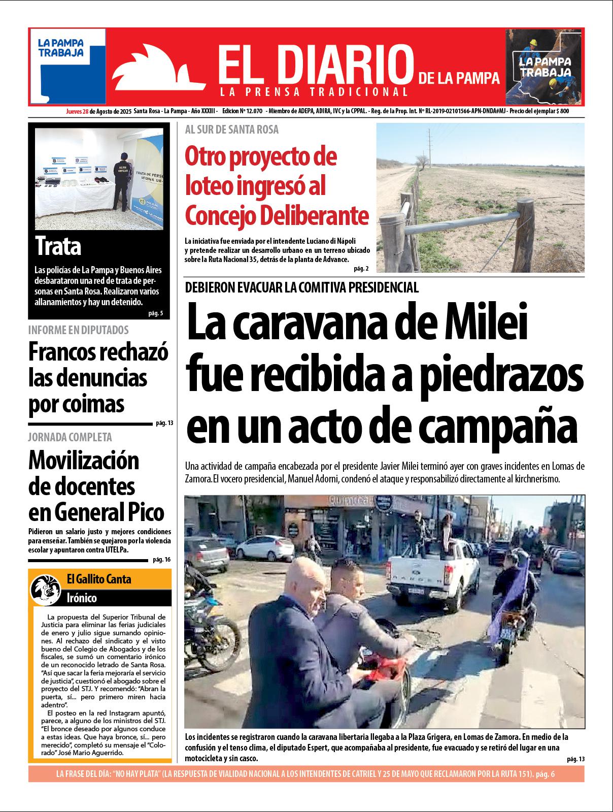 Tapa de El Diario en papel  jueves 28 de agosto de 2025